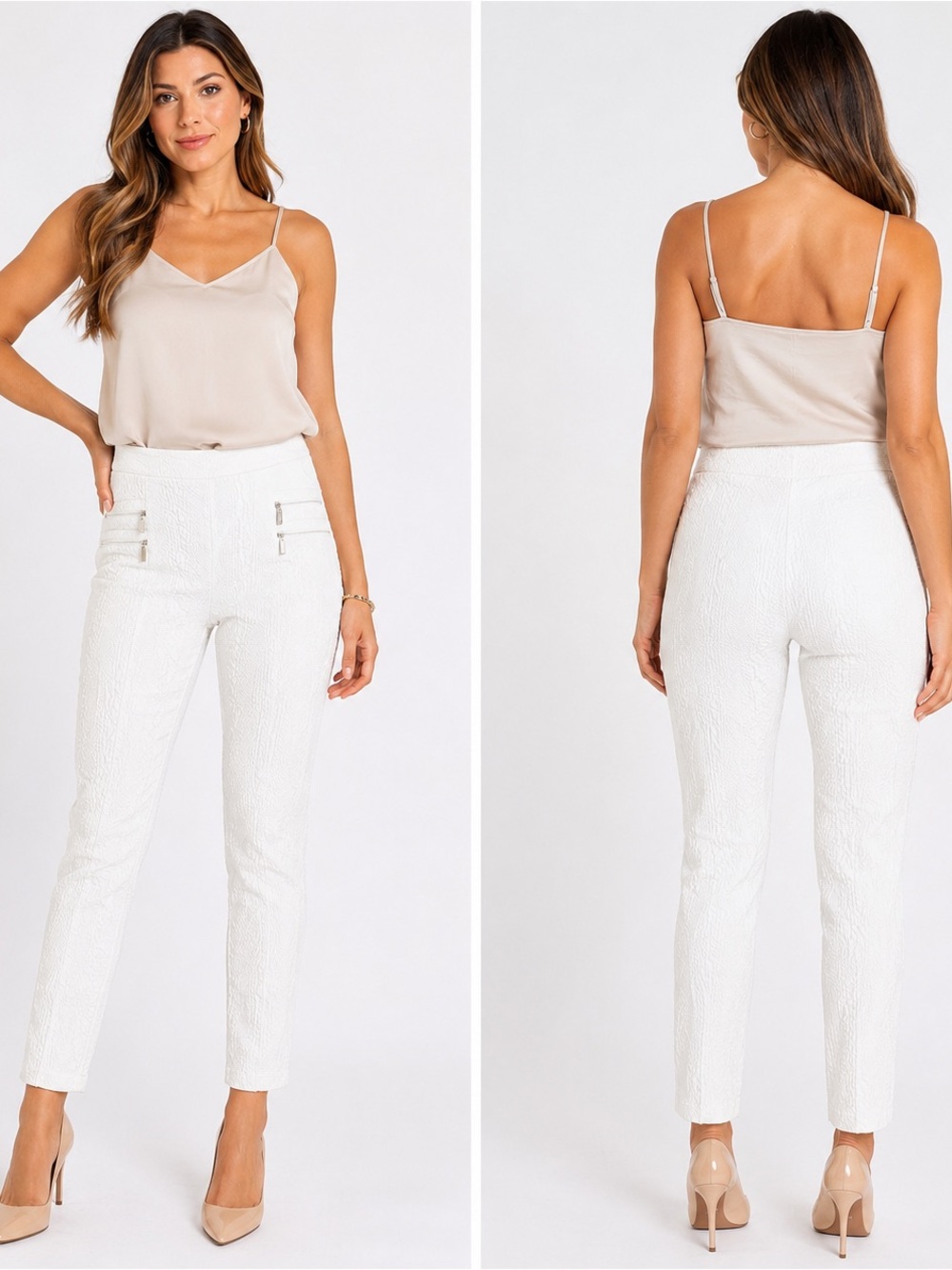 Joseph Ribkoff Cream Textured Cropped Ankle Pants with Decorative Hardware